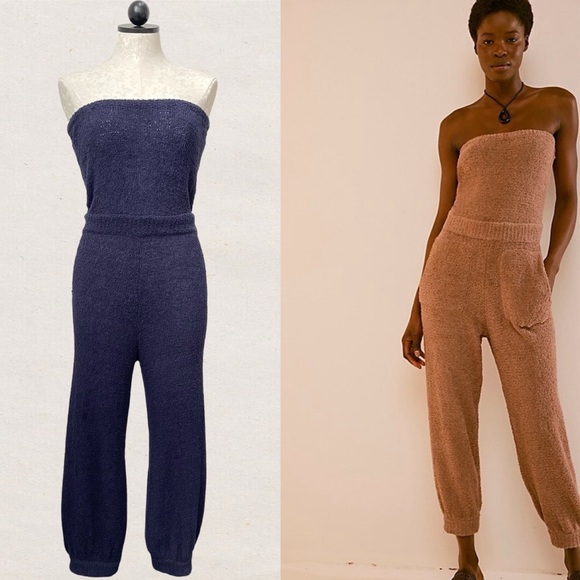 FP Beach Free People Claire One-Piece Pants Jumpsuit Navy Blue Terry Cloth Knit - Picture 3 of 8
